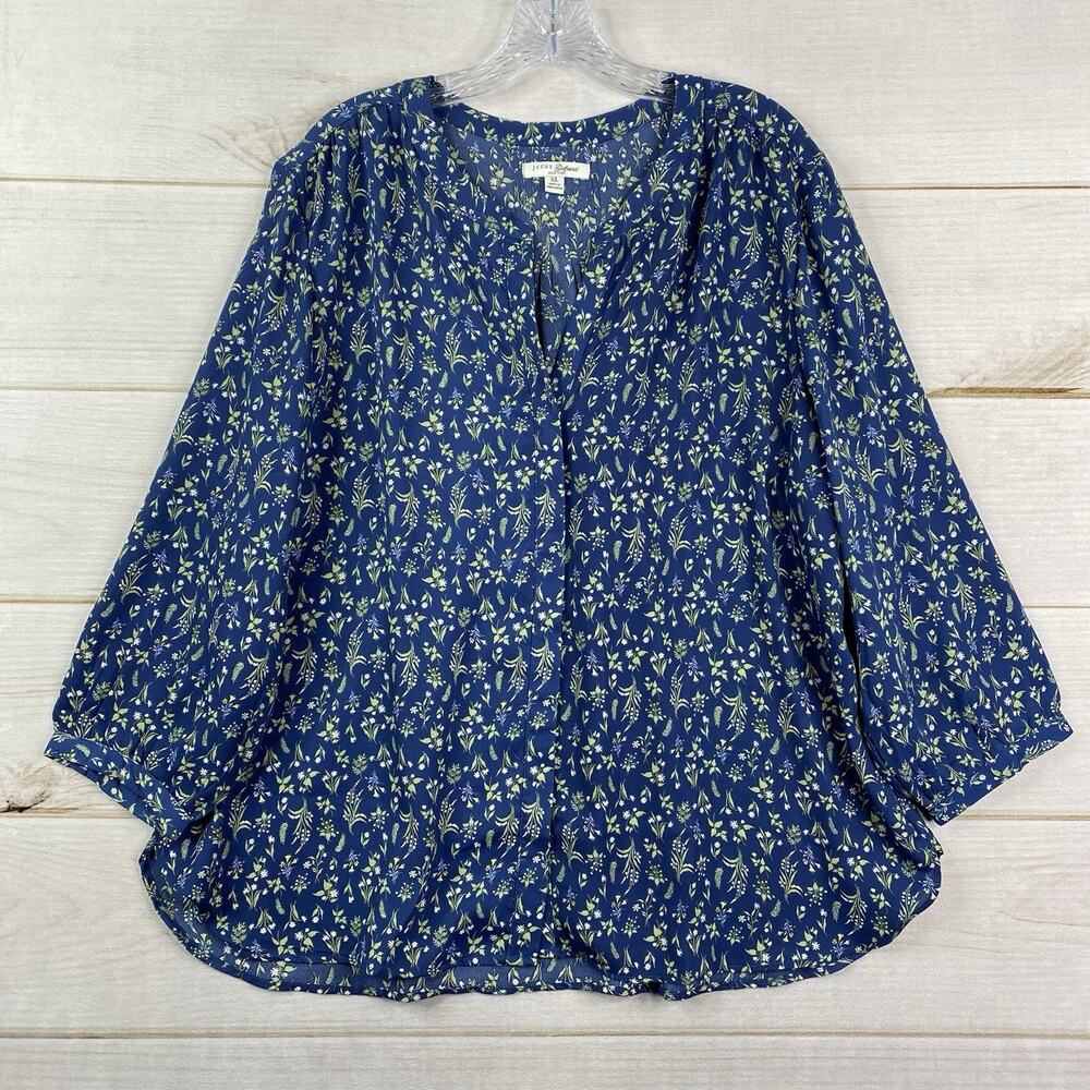 Jach's Girlfriend Top Womens XL Blue Floral Boho Babydoll V Neck Flowy 3/4 Sleev